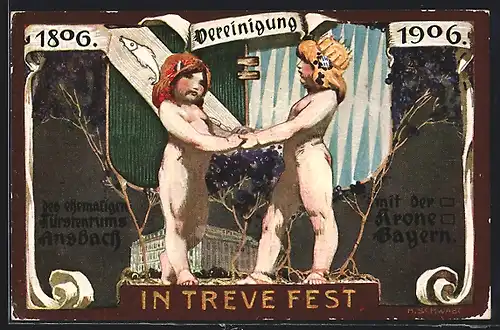 Künstler-AK Ansbach, Vereinigung des Fürstentums Ansbach mit Bayern, Ganzsache Bayern