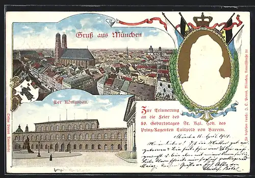 AK München, Königsbau, Panorama, Prinzregent Luitpold von Bayern, Ganzsache Bayern