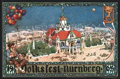 Künstler-AK Nürnberg, Volksfest-Gelände aus der Vogelschau 1905, Ganzsache Bayern