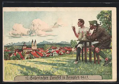 Künstler-AK Kempten, 12. Bayerisches Turnfest 1905, Turner beim Rauchen, Ganzsache Bayern