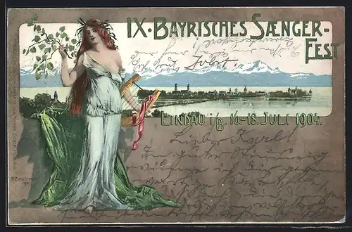 Künstler-AK Lindau, IX. Bayrisches Sängerfest 1904, Insel gegen die Alpen, Ganzsache Bayern