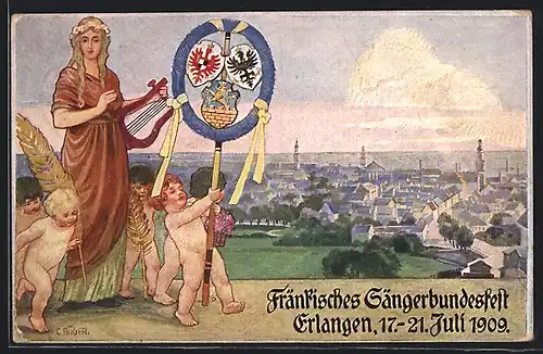 Künstler-AK Erlangen, 11. Fränkisches Sängerbundesfest 1909, Teilansicht, Ganzsache Bayern