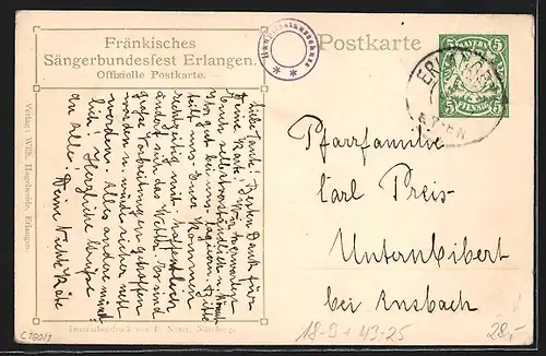 Künstler-AK Erlangen, 11. Fränkisches Sängerbundesfest 1909, Teilansicht, Ganzsache Bayern