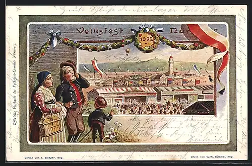 Lithographie Nürnberg, Volksfest 1902, Festgelände, Ganzsache Bayern
