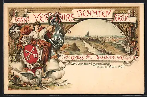 Lithographie Regensburg, Ort, Generalversammlg. Bayr. Verkehrsbeamten-Verein 1901, Ganzsache Bayern