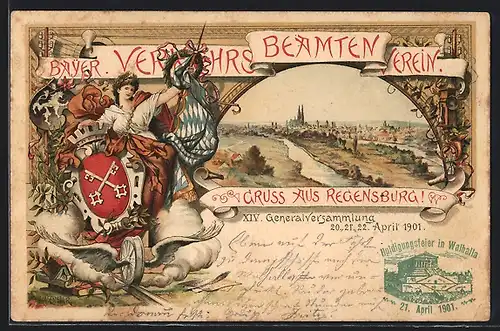 Lithographie Regensburg, Ort, Generalversammlg. Bayr. Verkehrsbeamten-Verein 1901, Ganzsache Bayern