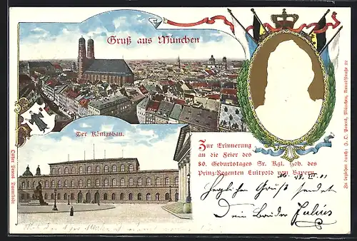 AK München, Königsbau, Panorama, Prinzregent Luitpold von Bayern, Ganzsache Bayern