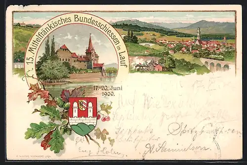 Lithographie Lauf, 15. Mittelfränkisches Bundesschiessen, Wappen, Teilansicht, Ganzsache Bayern