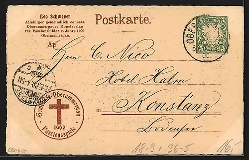 AK Oberammergau, Passionsspiele 1900, Bestellung des Abendmahls, Ganzsache Bayern