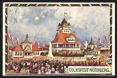 Künstler-AK Nürnberg, Volksfest 1908, Ganzsache Bayern