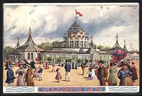 Künstler-AK Nürnberg, Blick auf das Volksfest-Gelände 1909, Ganzsache Bayern