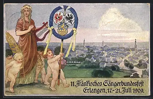 Künstler-AK Erlangen, 11. Fränkisches Sängerbundesfest 1909, Teilansicht, Ganzsache Bayern