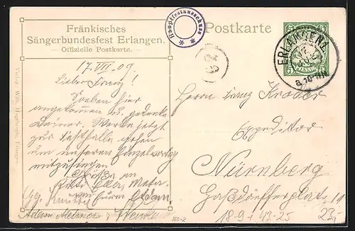 Künstler-AK Erlangen, 11. Fränkisches Sängerbundesfest 1909, Teilansicht, Ganzsache Bayern