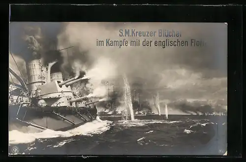 AK Der deutsche Seekrieg 1914-15, Kriegsschiff SMS Blücher im Kampf mit der englischen Flotte