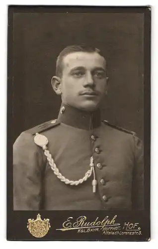Fotografie E. Rudolph, Hof i. B., bayerischer Soldat in Uniform Rgt. 14 mit Schützenschnur