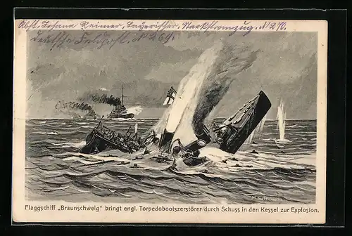 AK Kriegsschiff Braunschweig bringt engl. Torpedobootszerstörer durch Schuss in Kessel zur Explosion
