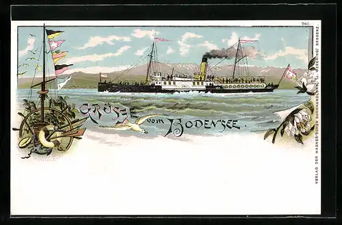 Lithographie Raddampfer auf dem Bodensee