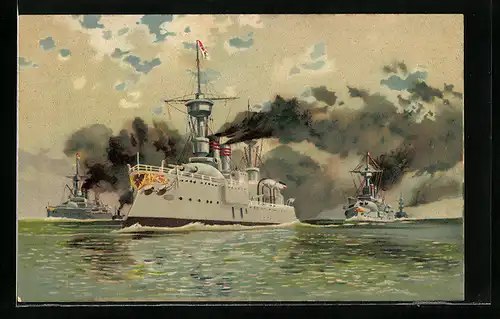 Lithographie Kriegsschiffe auf See