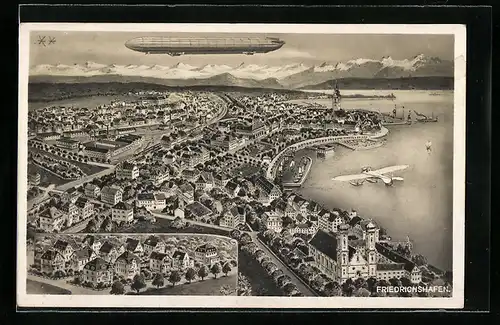 Künstler-AK Friedrichshafen, Zeppelin und Flugzeug über dem Ort