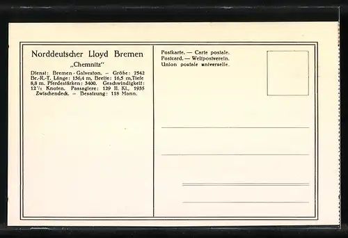 AK Passagier- & Frachtdampfer Chemnitz des Norddeutschen Lloyd