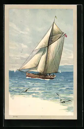 Lithographie Segelboot und Möwen