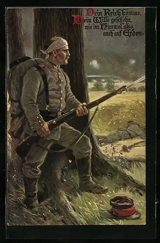 AK Das Vaterunser, Soldat mit Gewehr lauert hinter einem Baum