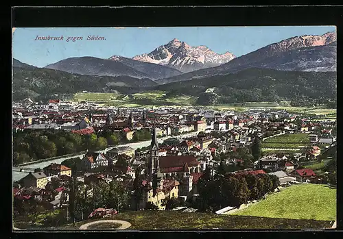 AK Innsbruck, Ortsansicht mit Fluss und Bergen