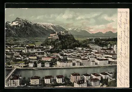 AK Salzburg, Ortsansicht mit Fluss und Burg