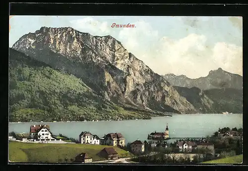 AK Gmunden, Teilansicht mit See und Bergen