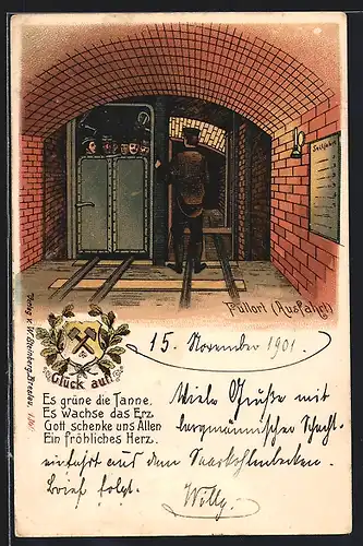 Lithographie Bergmänner an der Ausfahrt vom Füllort