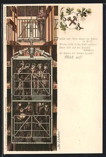 Lithographie Bergmänner im Aufzug auf dem Weg in den Schacht