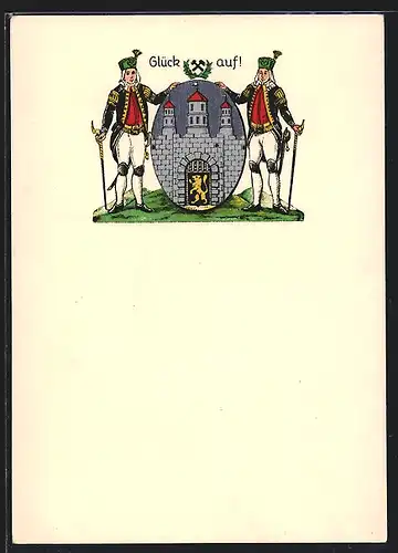 AK Bergmänner in edlen Habits mit Stöcken nebst Wappen