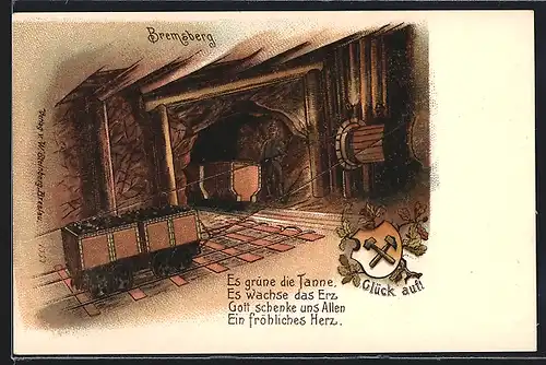 Lithographie Bergarbeiter zieht Lore den Bremsberg hinauf