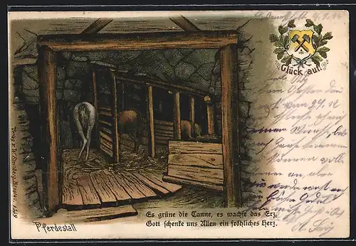 Lithographie Pferdestall des Bergbaus im Schacht