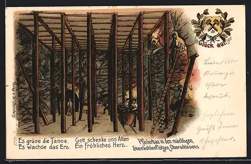 Lithographie Pfeilerbau in den mächtigen Steinkohlenflötzen Oberschlesiens