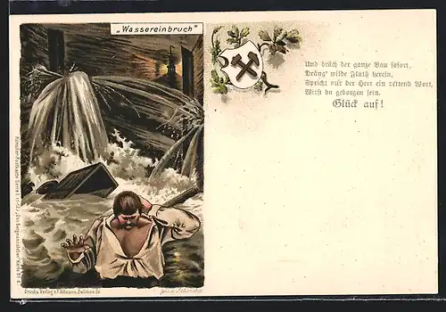 Lithographie Wassereinbruch setzt den Schacht unter Wasser