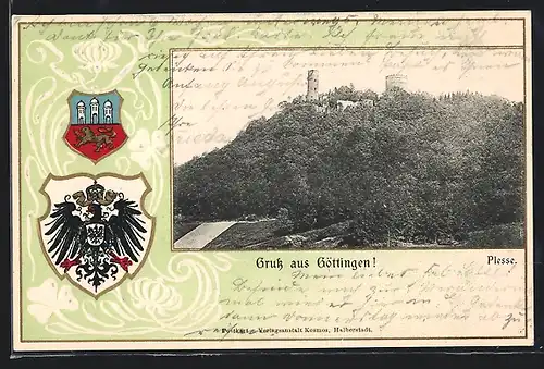 Passepartout-Lithographie Göttingen, Plesse mit Umgebung, Wappen
