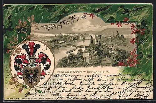 Passepartout-Lithographie Heilbronn, Totalansicht mit Brücken, Wappen