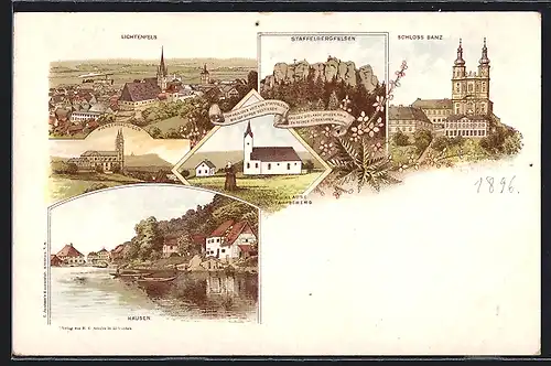 Lithographie Lichtenfels, Kirche und Klause Staffelberg, Schloss Banz, Kirche Vierzehnheiligen