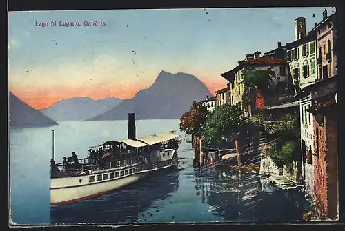 AK Gandria /Lago di Lugano, Küstenpartie mit Dampfer