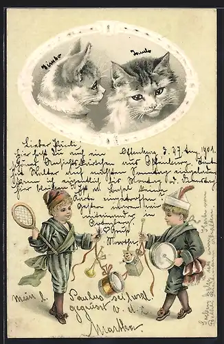 Lithographie Knaben mit Trommel, Zwei Katzen im Rahmen