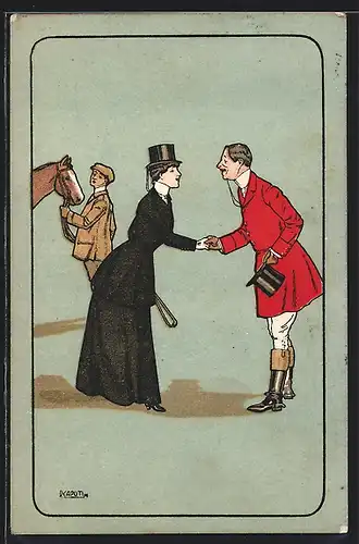 Künstler-AK sign.R. Caputi: Reiter begrüsst freundlich eine junge Dame