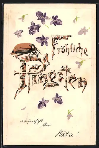 AK Fröhliche Pfingsten, Schriftzug aus Birkenholz mit krabbelndem Maikäfer und Veilchen