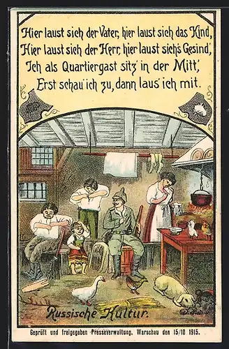 Künstler-AK Russische Kultur - Deutscher Soldat bei Familie mit Läusen