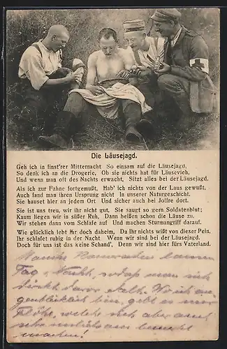 AK Die Läusejagd, Soldaten mit Sanitäter beim Lausen, Gedicht