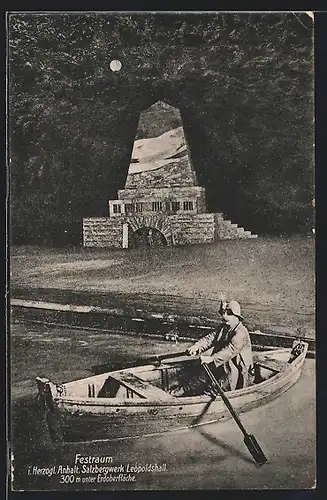 AK Leopoldshall i. Herzogl. Anhalt, Festraum Salzbergwerk u. Mann im Boot bei Mondschein