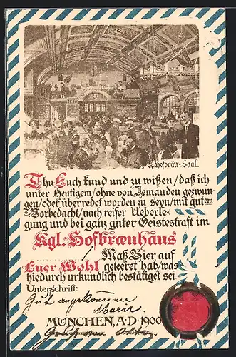 Präge-AK München, Münchner Hofbräuhaus, K. Hofbräu-Saal, Innenansicht, Siegel