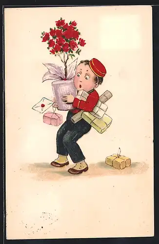 AK Kleiner Page mit Blumentopf und Paketen