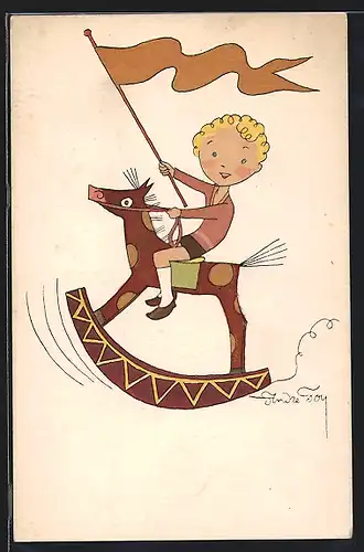 AK Kleiner Junge mit Fahne auf seinem Schaukelpferd
