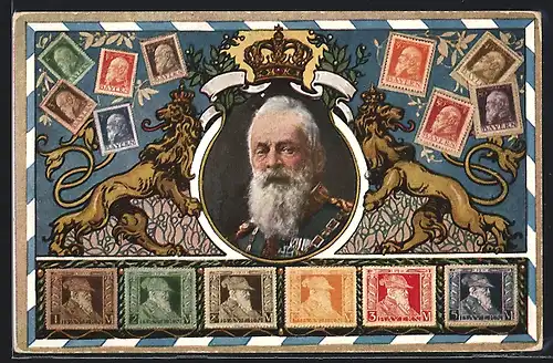 AK Prinzregent Luitpold mit verschiedenen Briefmarken